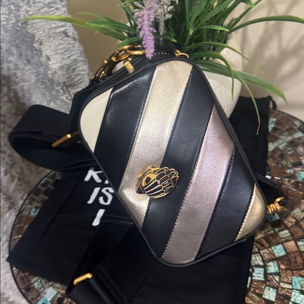Kurt Geiger Black and Metallic Striped Crossbody Bag